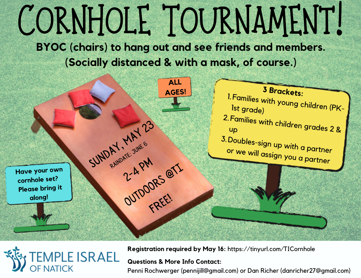 Flyer for Cornhole Tournament at Temple Israel
